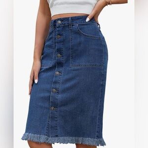 NWT Denim Button-Front Midi Skirt | High-Waisted Casual Chic | Size Large